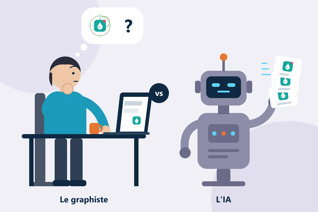 Illustration : un graphiste réfléchit devant son ordinateur, face à un robot qui produit des images en série