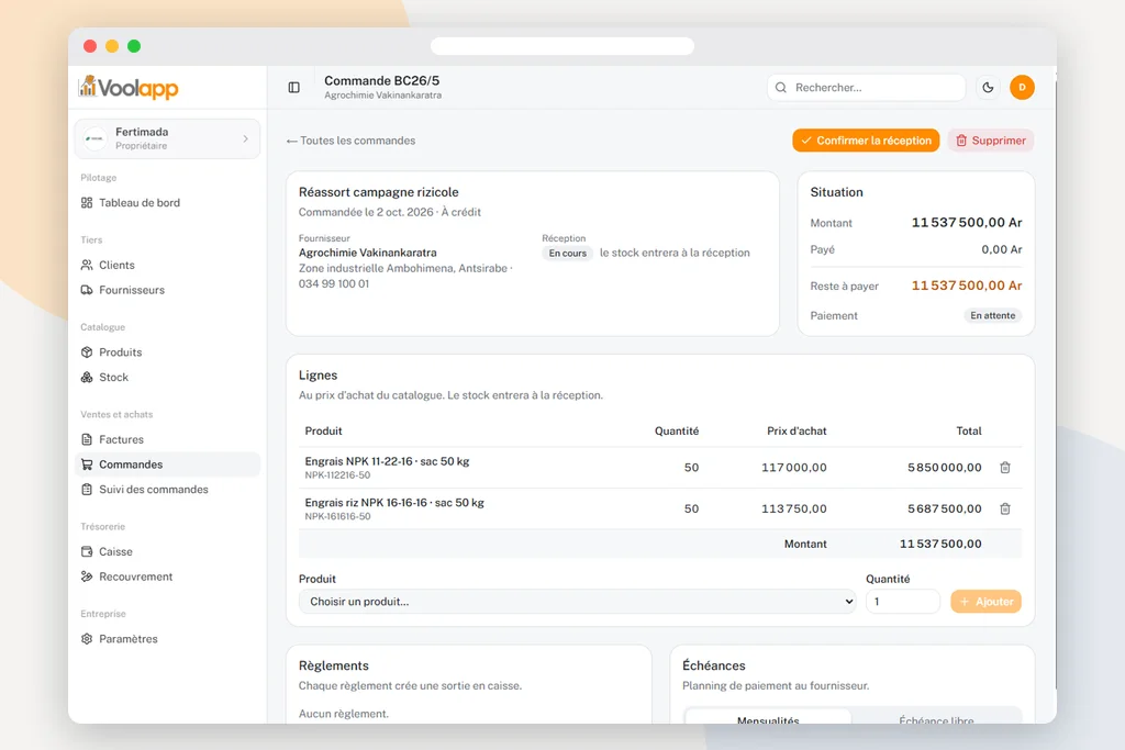 Fiche d'une commande fournisseur dans Voolapp, avec réception et échéances de paiement