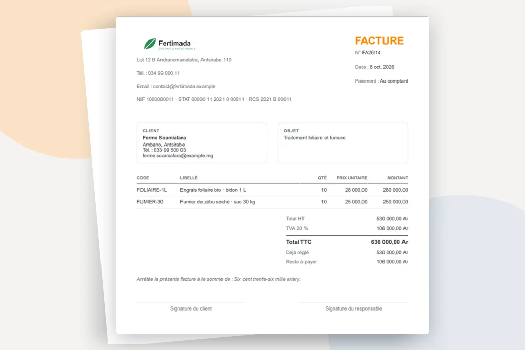 Facture imprimable générée par Voolapp, avec le logo de l'entreprise et le montant en lettres