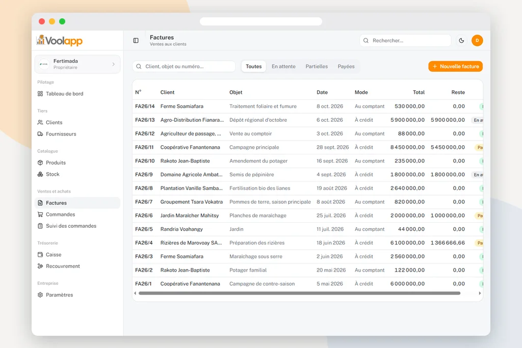 Liste des factures de Voolapp, avec recherche et filtres par statut
