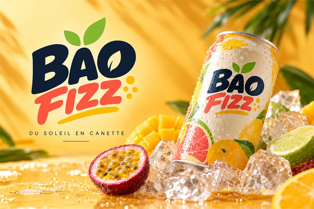 Logo Bao Fizz et canette posée sur de la glace et des fruits, avec la signature « Du soleil en canette »