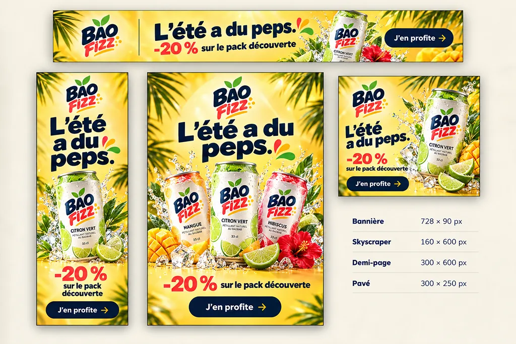 Quatre bannières publicitaires Bao Fizz : 728 × 90, 160 × 600, 300 × 600 et 300 × 250 pixels