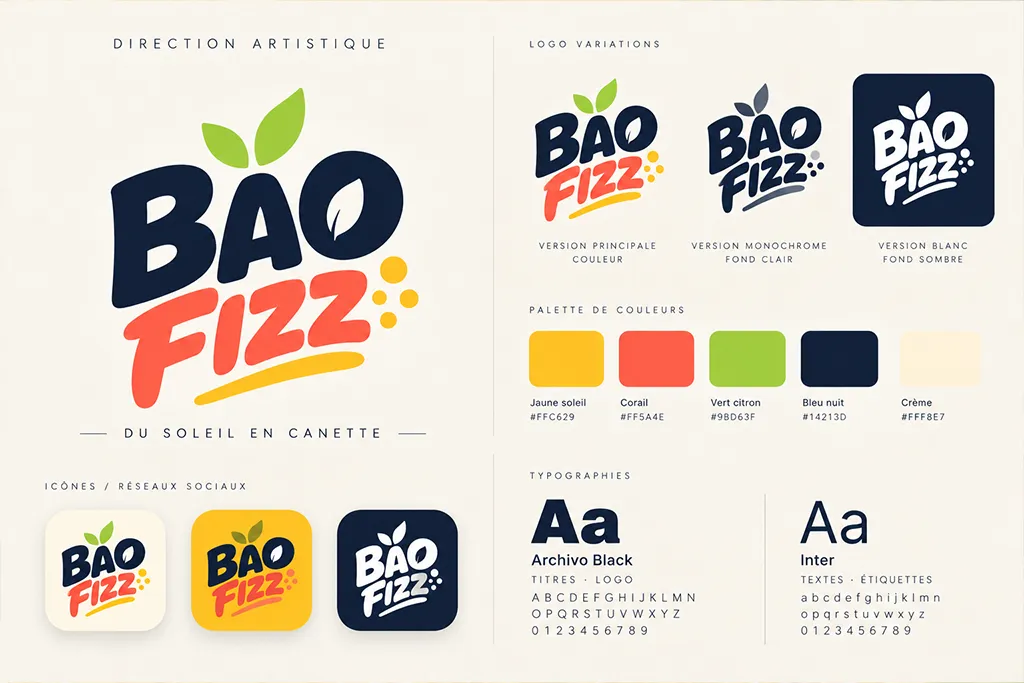 Identité visuelle de Bao Fizz : variantes du logo, palette de couleurs, icônes et typographies