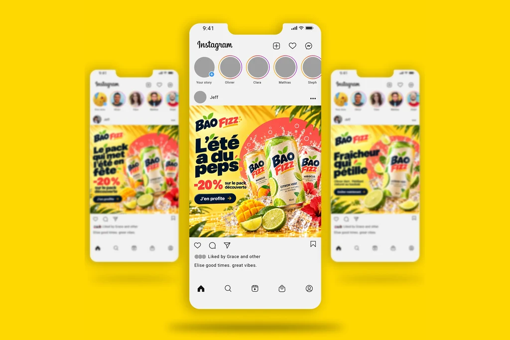 Trois posts Instagram de la campagne Bao Fizz présentés dans des téléphones