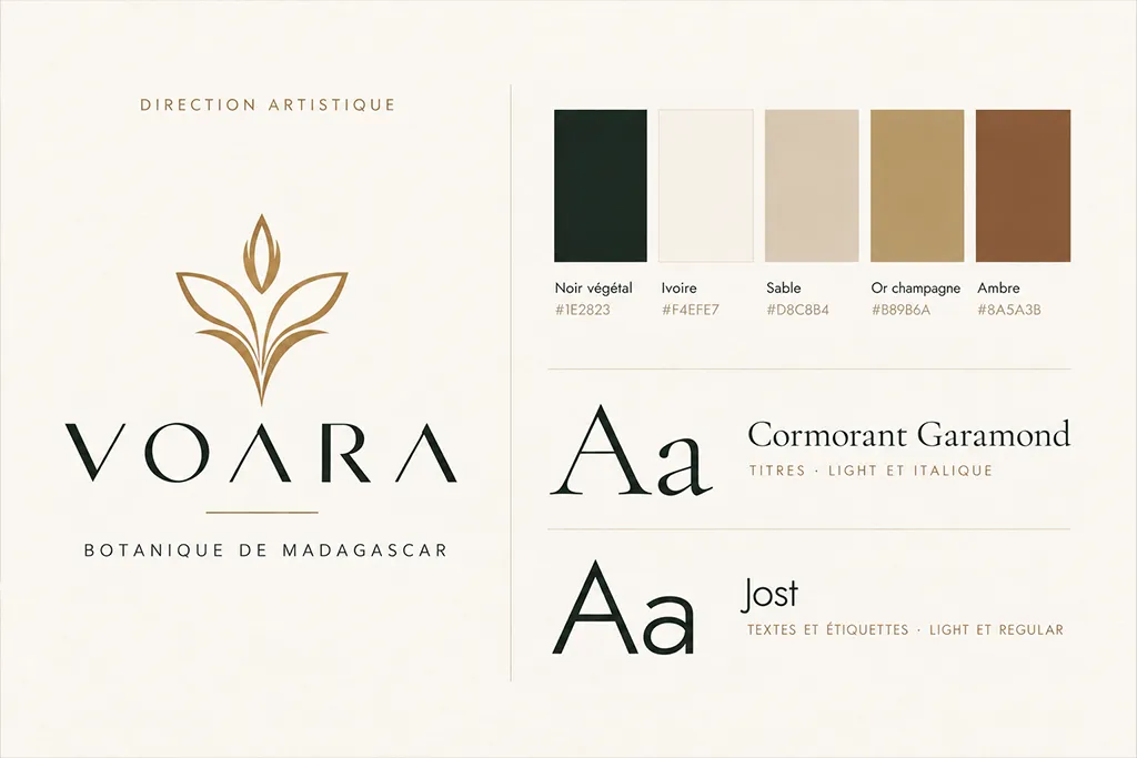Direction artistique de la marque de soins Voara : logo, palette de couleurs et typographies