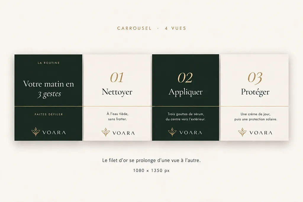 Carrousel Instagram en quatre vues : la routine du matin en trois gestes