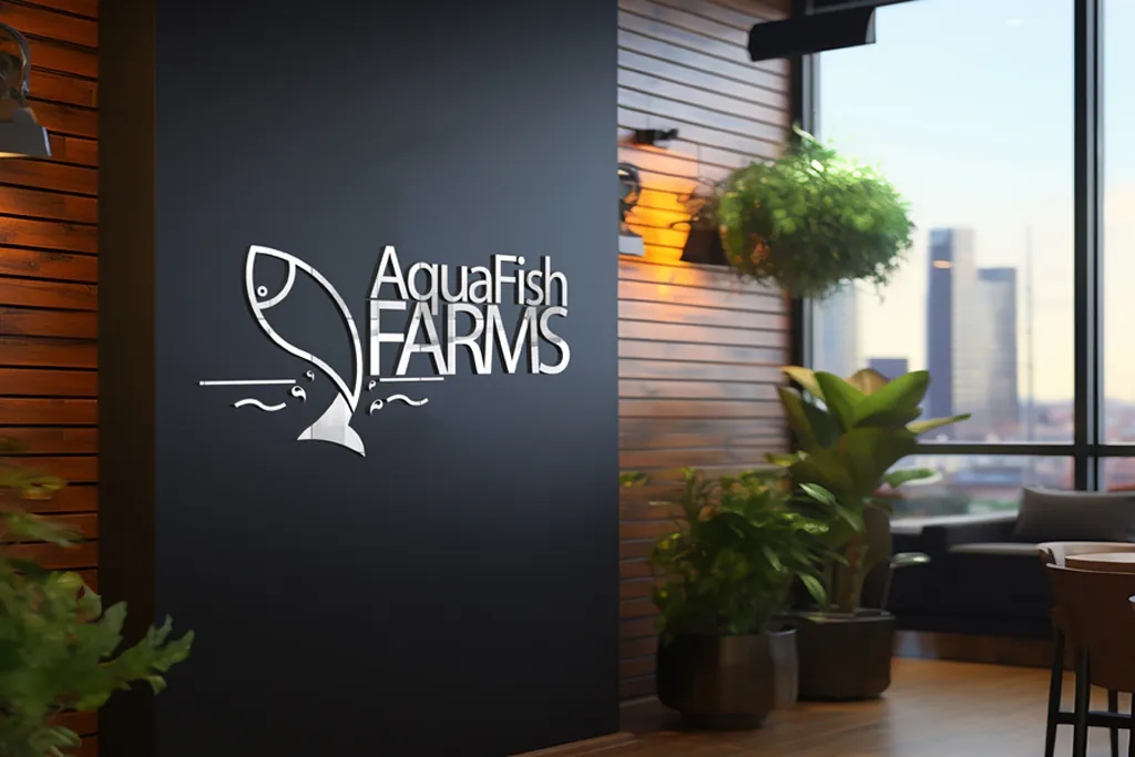 Logo Aquafish Farms en enseigne sur un mur de bureau