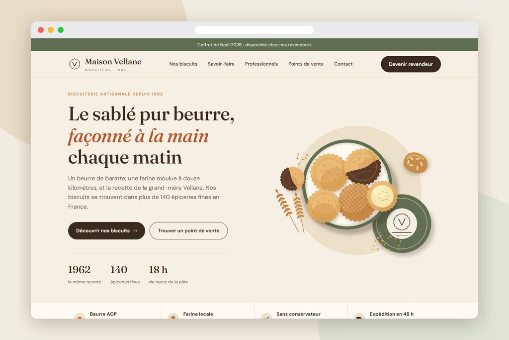 Page d'accueil du site Maison Vellane : promesse, boutons, chiffres clés et illustration de la boîte de sablés