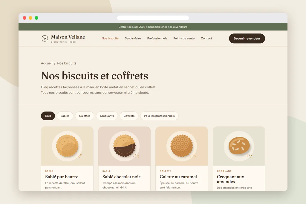 Page de la gamme : biscuits et coffrets, avec filtres par catégorie