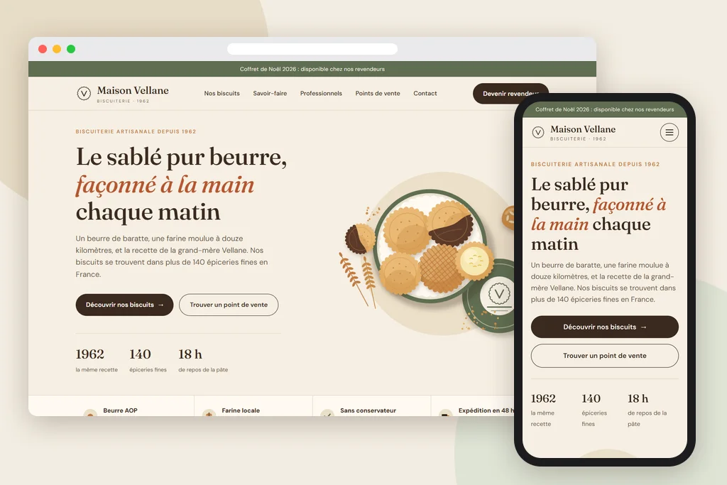 Site vitrine de la biscuiterie Maison Vellane sur ordinateur et sur téléphone