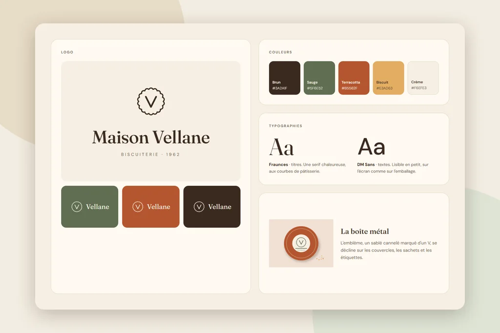 Planche d'identité de Maison Vellane : logo, variantes, palette de couleurs, typographies et boîte métal