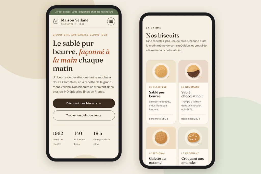Le site Maison Vellane sur téléphone : accueil et gamme de biscuits