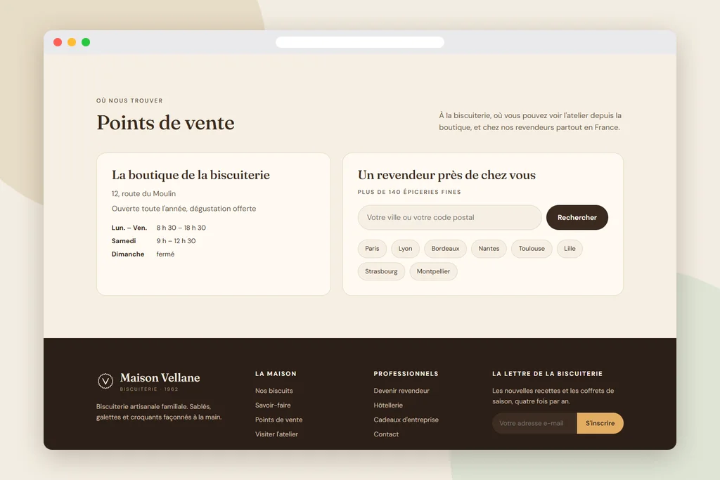 Section points de vente : boutique de la biscuiterie et recherche d'un revendeur