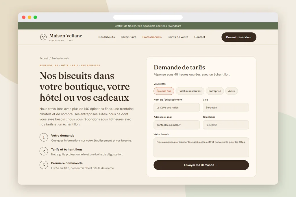 Page professionnels : déroulement en trois étapes et formulaire de demande de tarifs